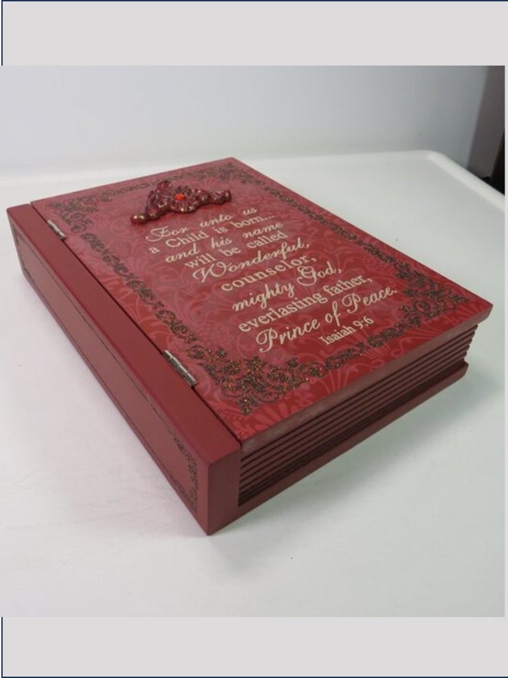 Wooden Faux Book Box Isaiah 9:6 Christmas Scripture Trinket Red HEAVY Hinged